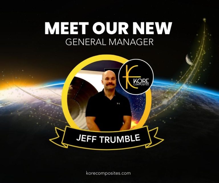 Jeff Trumble Announced General Manager of Kore Composites - Graphical image Jeff's image in the center with earth from space view in the background.